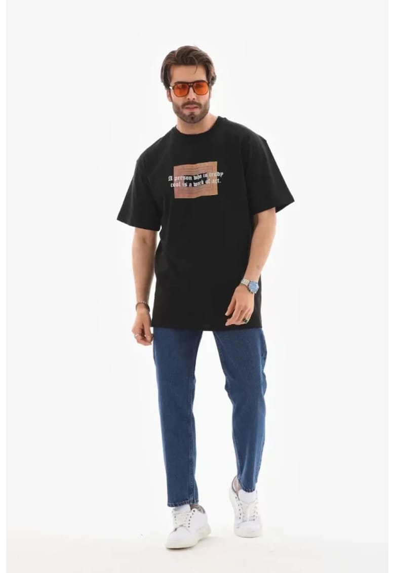 Tricou barbatesc supradimensionat - imprimeu text - negru - bumbac - poliester - elastan