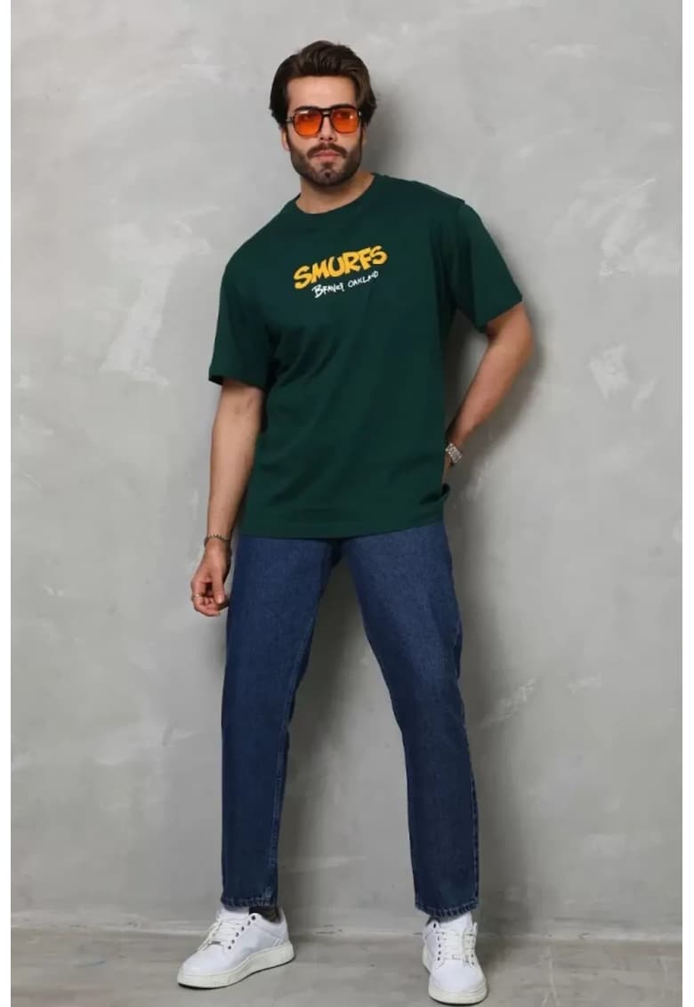 Tricou barbati - supradimensionat - imprimeu text - verde - bumbac