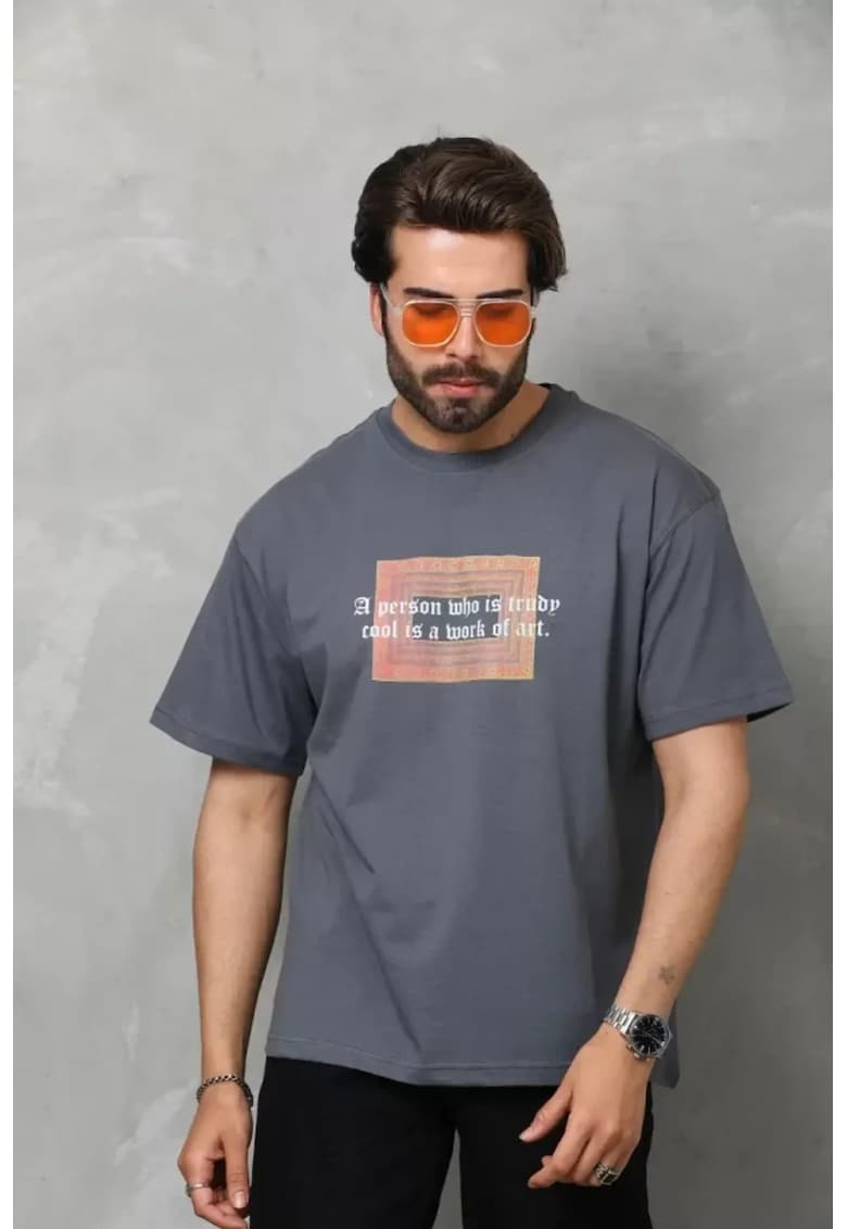 Tricou barbati supradimensionat - elastic - gri - din bumbac 85%