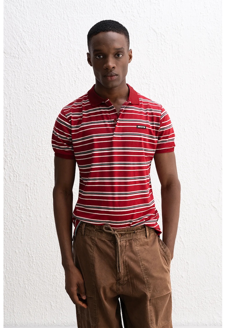 Tricou Barbati - guler polo - dungi - rosu - poliester-viscoza-elastan -