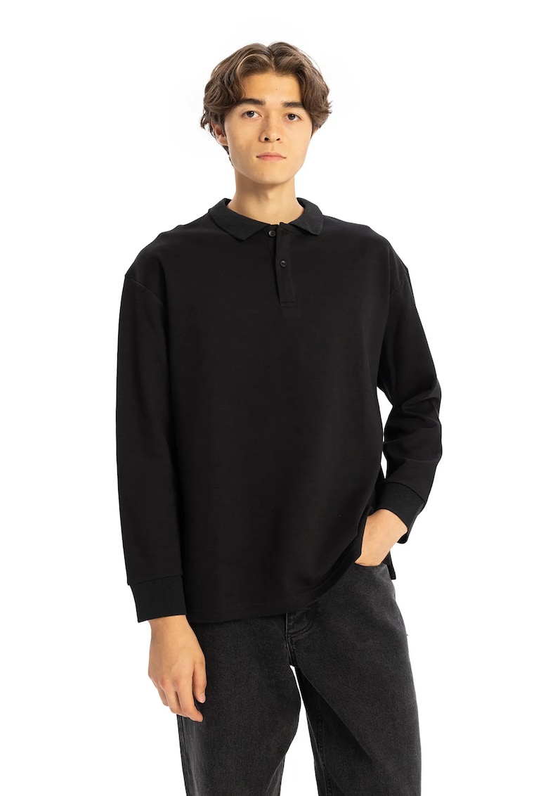 Bluza polo Regular Fit cu nasturi - negru - poliester