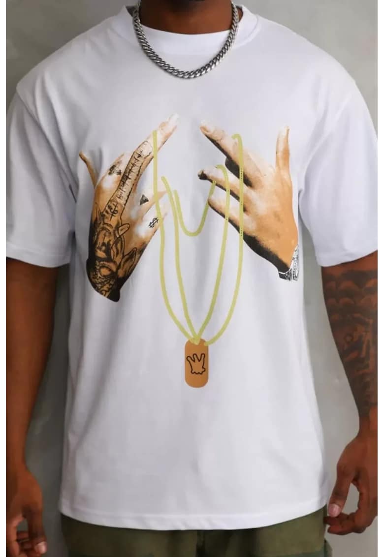 Tricou barbati supradimensionat - imprimeu spate - alb - bumbac 85%