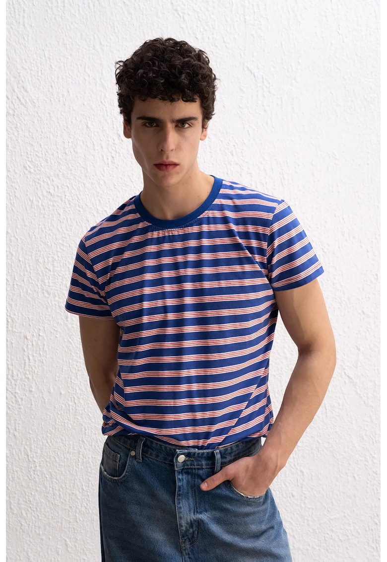 Tricou Barbati - guler rotund - dungi - albastru - poliester-viscoza-elastan