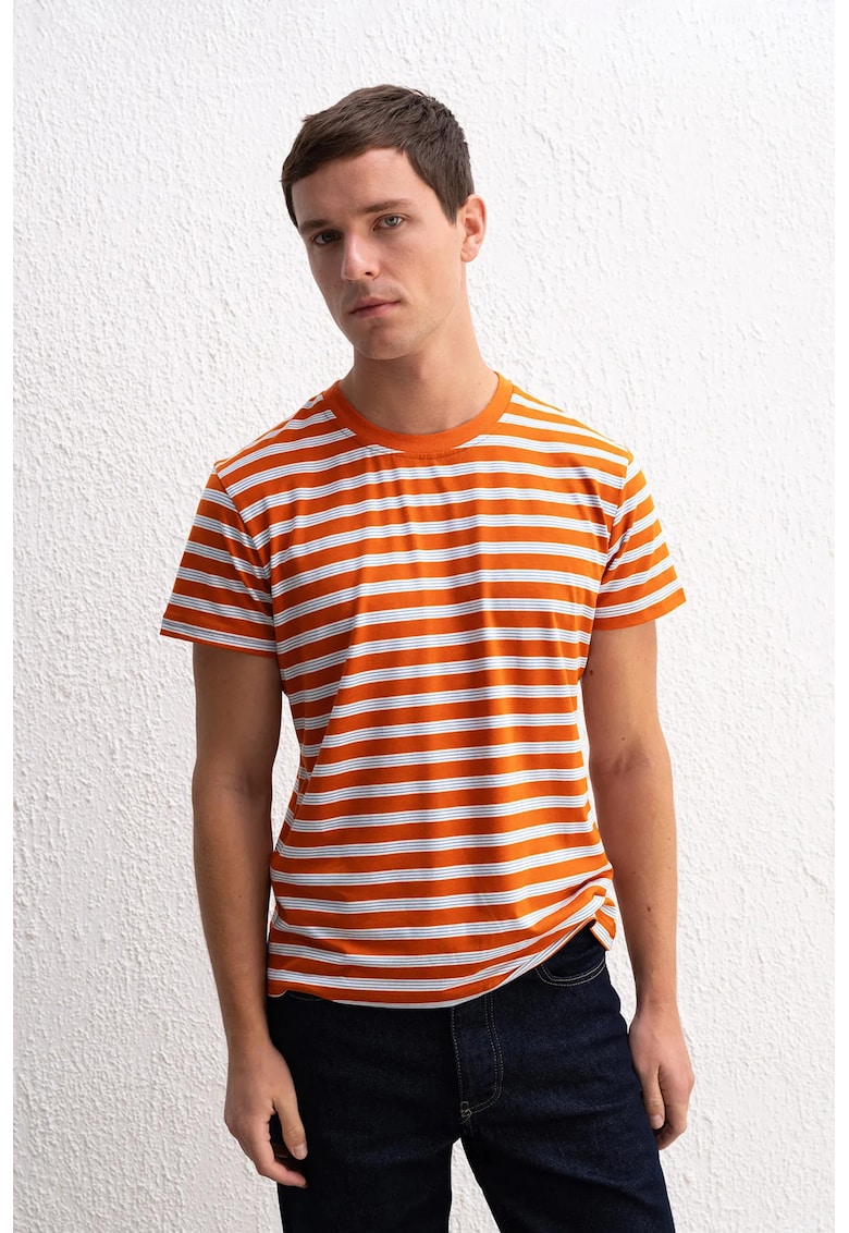 Tricouri barbati - Tricou Slim Fit cu dungi - rosu - elastic - poliester-viscoza-elastan