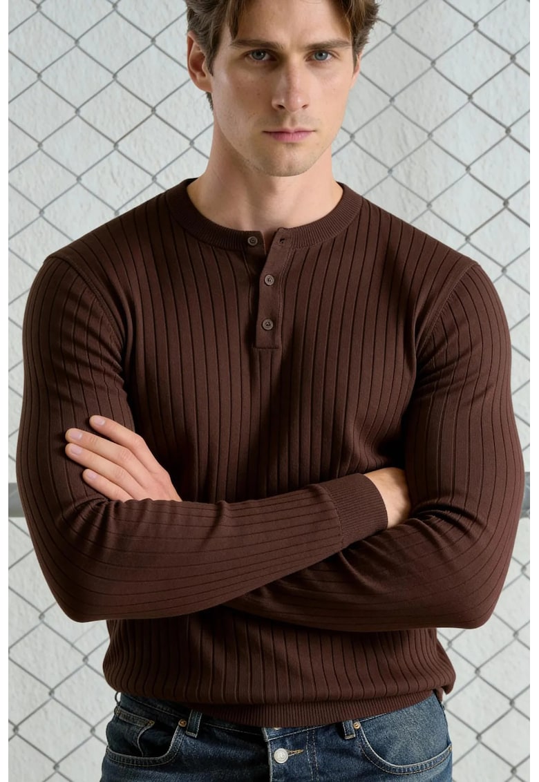 Bluza barbati - Slim Fit - maneca lunga - maro - bumbac