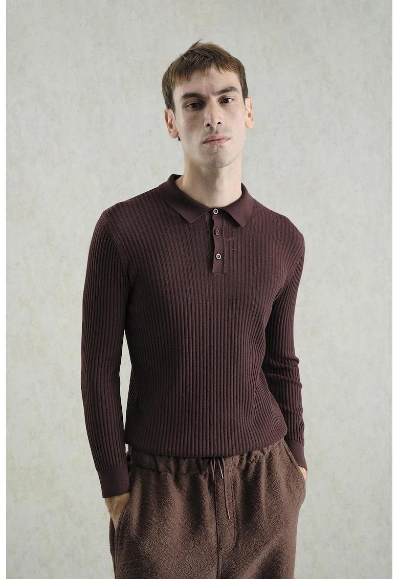 Tricou polo barbati Slim Fit - elastic - maro - 100% bumbac