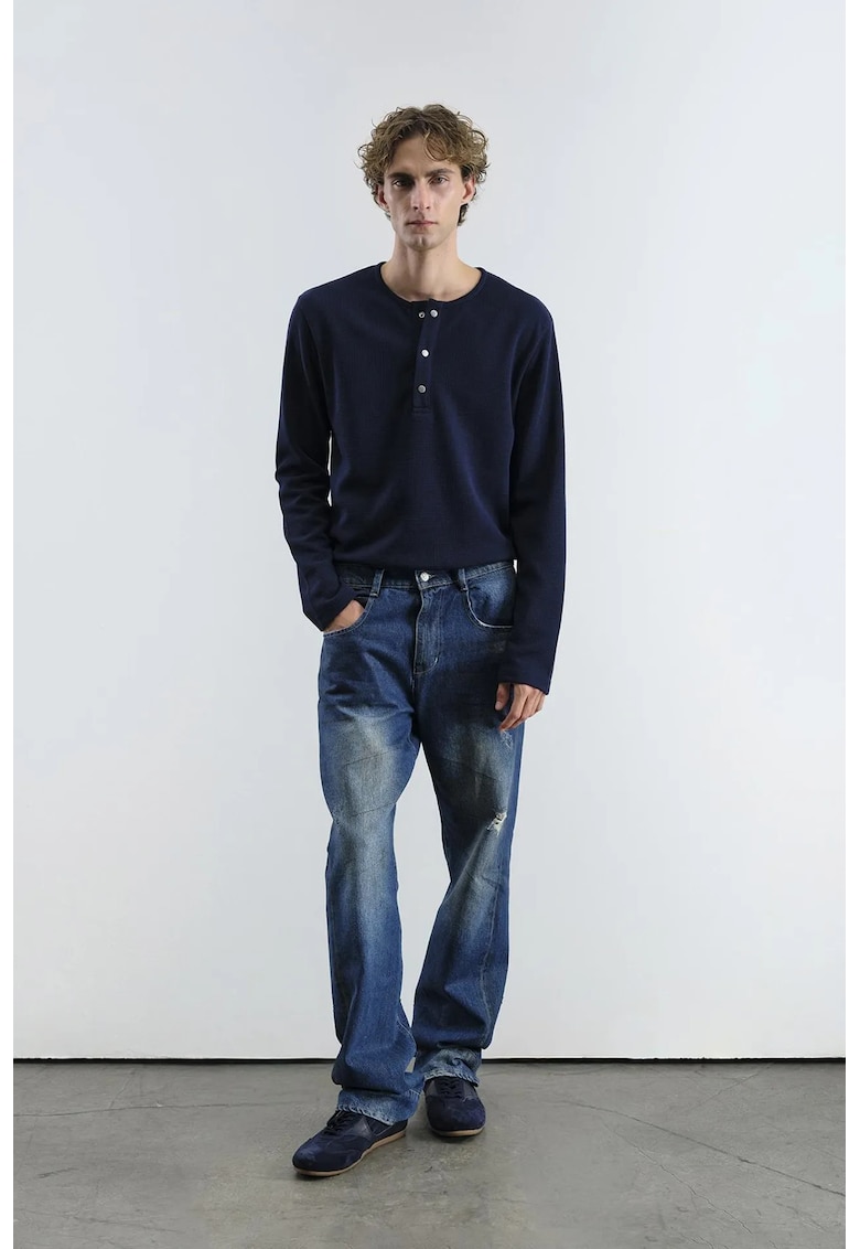 Bluza cu maneca lunga si guler cu nasturi - albastru - elastic - poliester-viscoza -