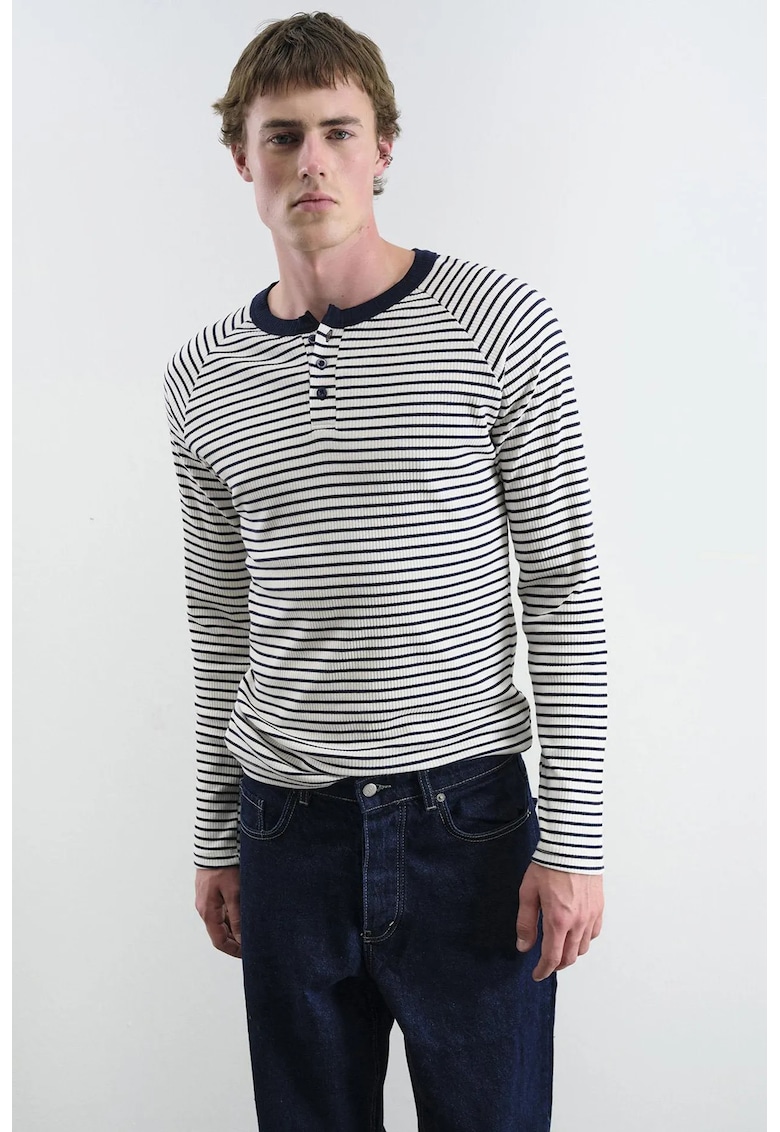 Bluza Slim Fit cu dungi - guler cu nasturi - albastru - bumbac