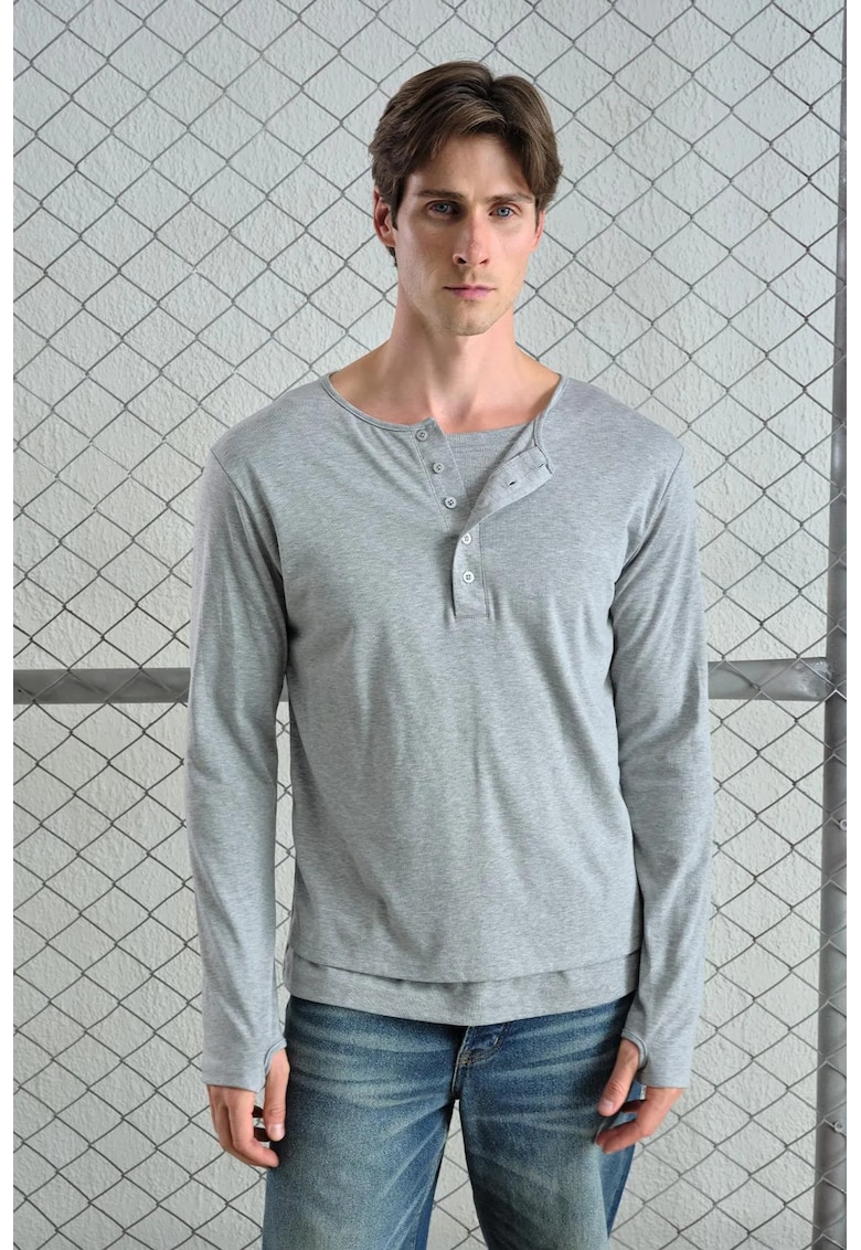 Bluza barbati - maneca lunga - guler cu nasturi - gri - bumbac -