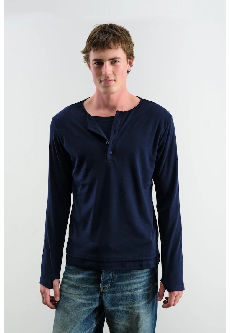 Bluza barbati - Comfort Fit - maneca lunga - guler cu nasturi - albastru - bumbac -