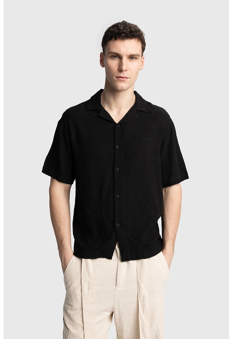 Camasa barbati - cu maneca scurta - cu broderie - negru - poliester