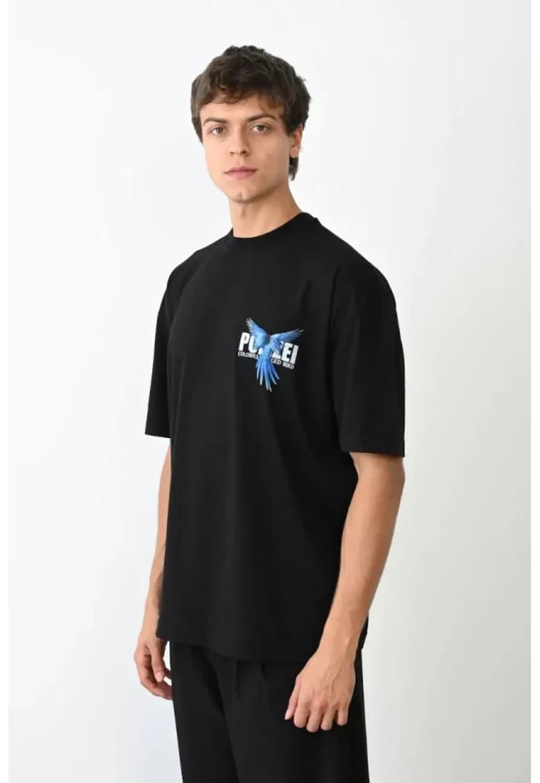 Tricou barbati - supradimensionat - imprimeu spate - negru - bumbac