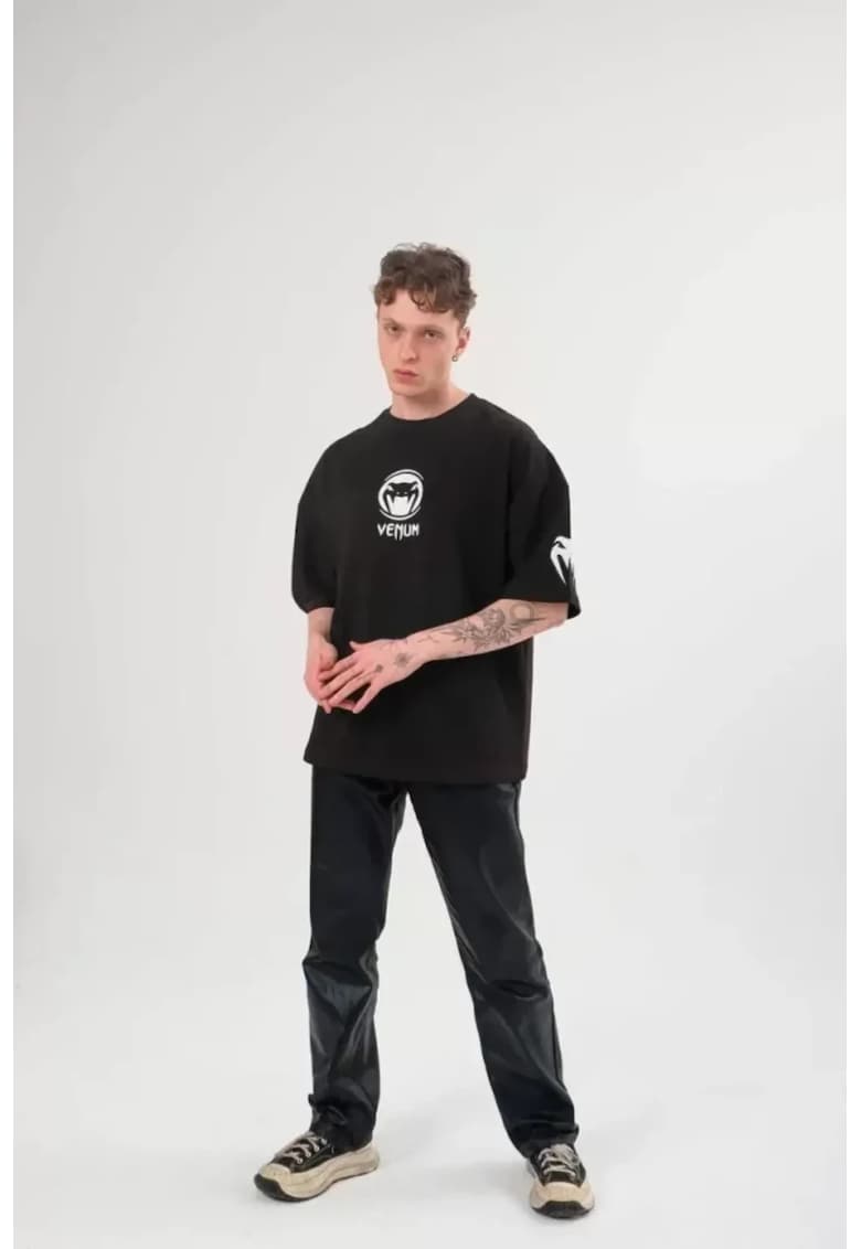 Tricou barbati supradimensionat - imprimeu logo - negru - bumbac