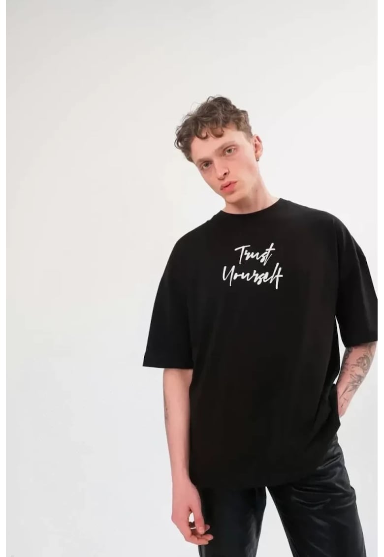 Tricou barbati supradimensionat - imprimeu spate - negru - bumbac