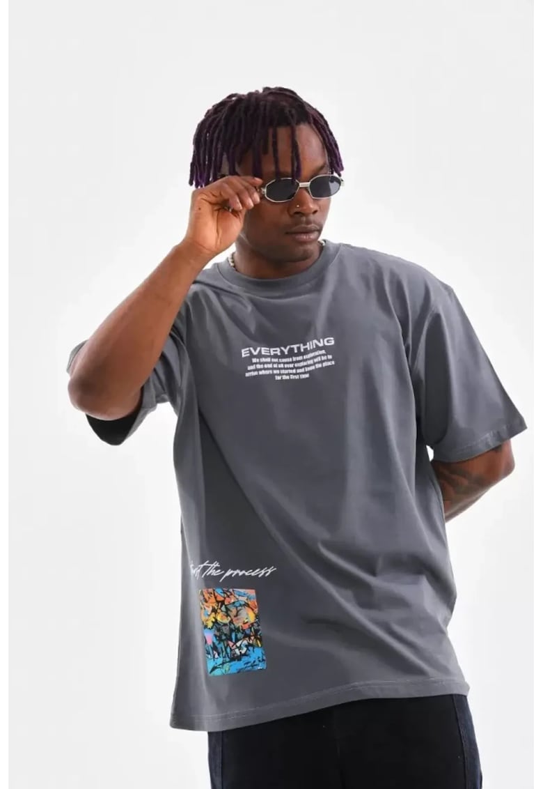 Tricou barbati - supradimensionat - imprimeu pe spate - gri - bumbac