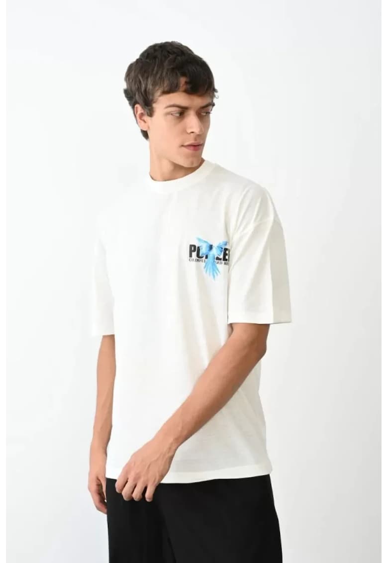 Tricou barbati supradimensionat - imprimeu spate - alb - bumbac
