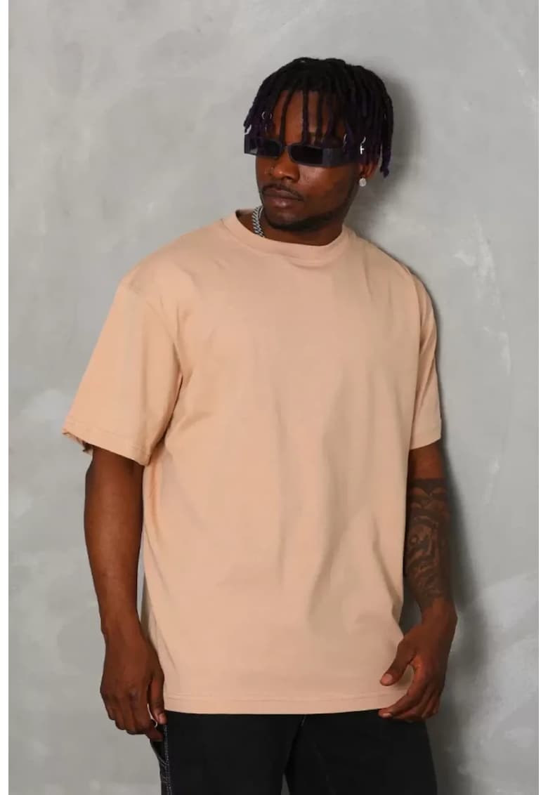 Tricou supradimensionat - cu guler rotund - cu nervuri - roz - bumbac-poliester-elastan