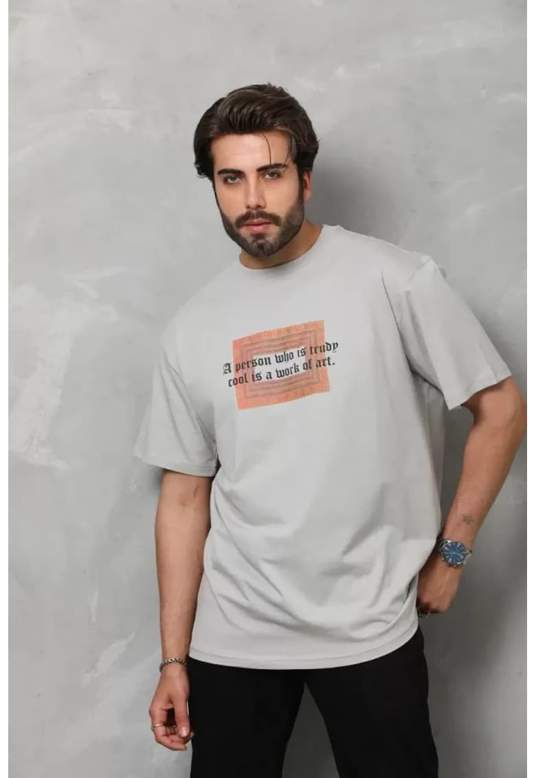 Tricou barbati guler rotund - imprimeu text - gri - bumbac