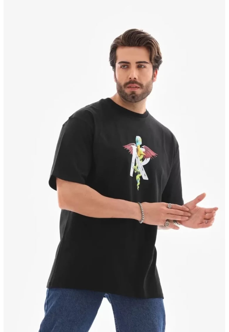 Tricou barbati - supradimensionat - elastic - negru - bumbac 85%