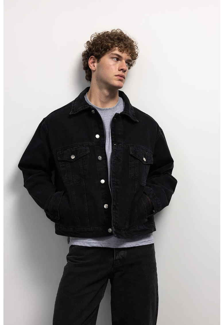 Geaca barbati - denim - cu nasturi si buzunar - negru - 100% bumbac