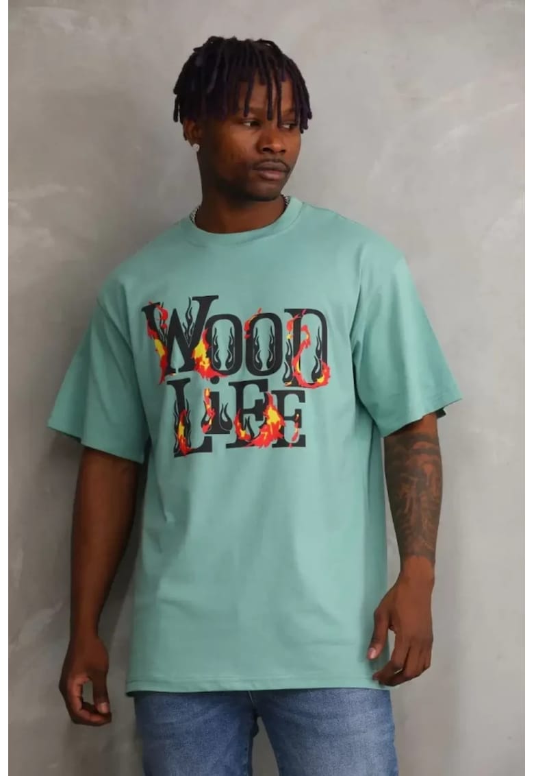 Tricou barbati - supradimensionat - imprimat pe spate - verde - bumbac -