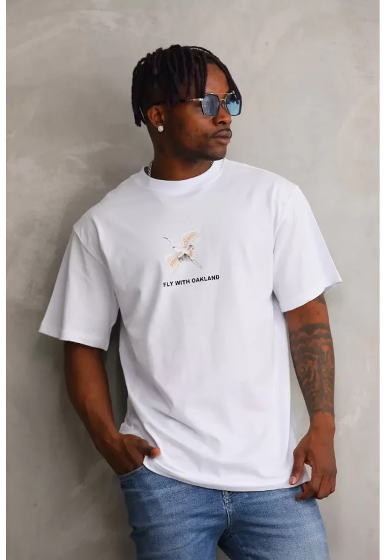 Tricou supradimensionat - imprimeu pe spate - alb - bumbac-poliester-elastan