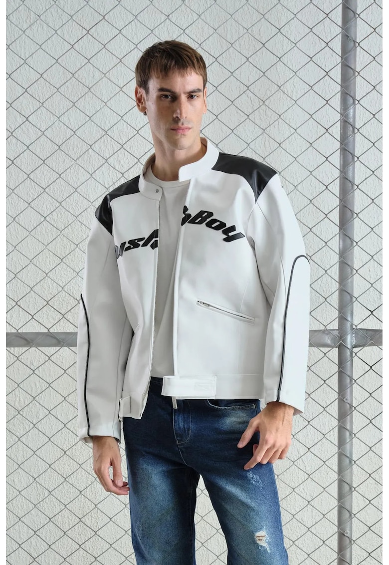 Geaca barbati - jacheta de gabardina cu fermoar - broderie - alb - material durabil