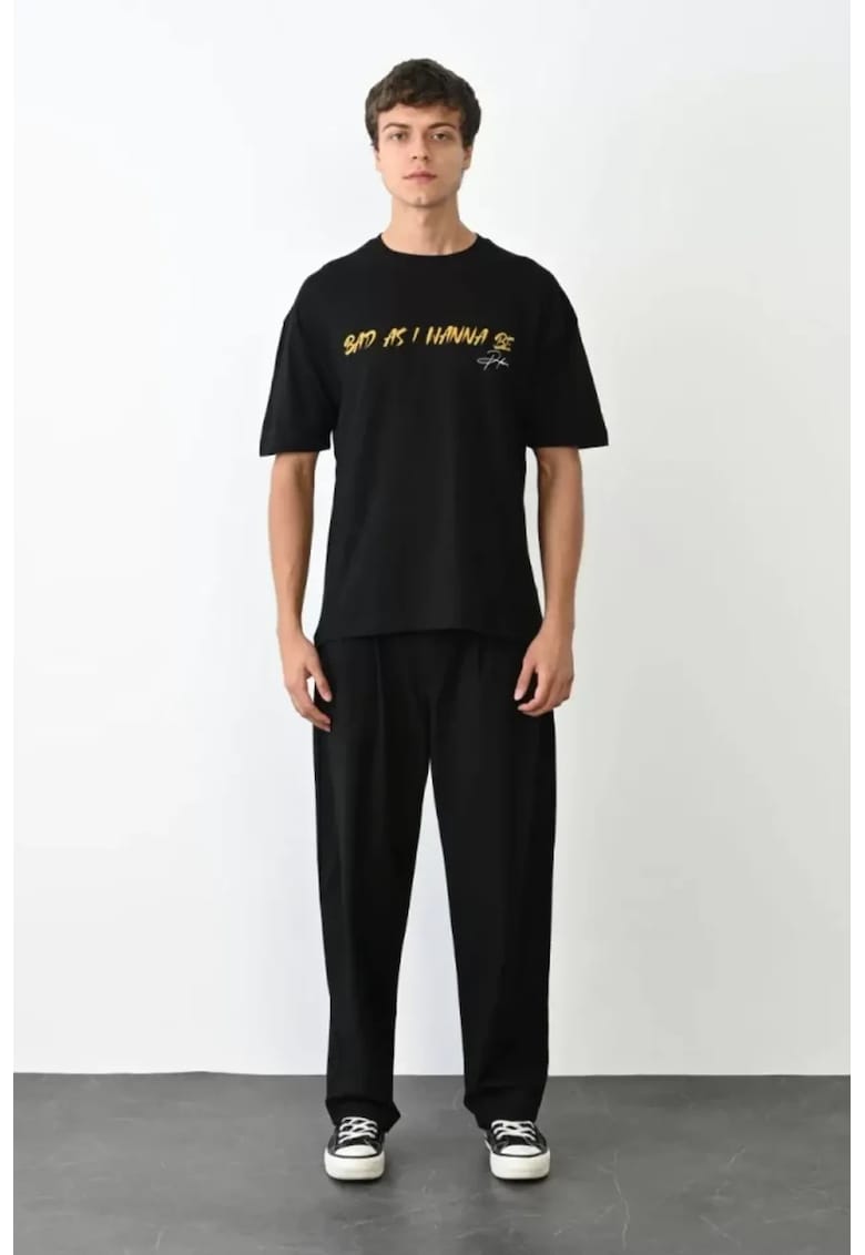 Tricou barbati - guler rotund - imprimeu text - negru - bumbac 85%
