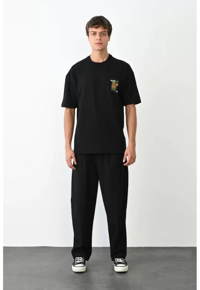 Tricou supradimensionat - guler rotund - imprimeu - negru - bumbac-poliester-elastan