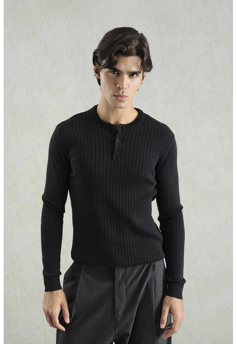 Bluza barbati - Slim Fit - cu guler rotund - negru - 100% bumbac