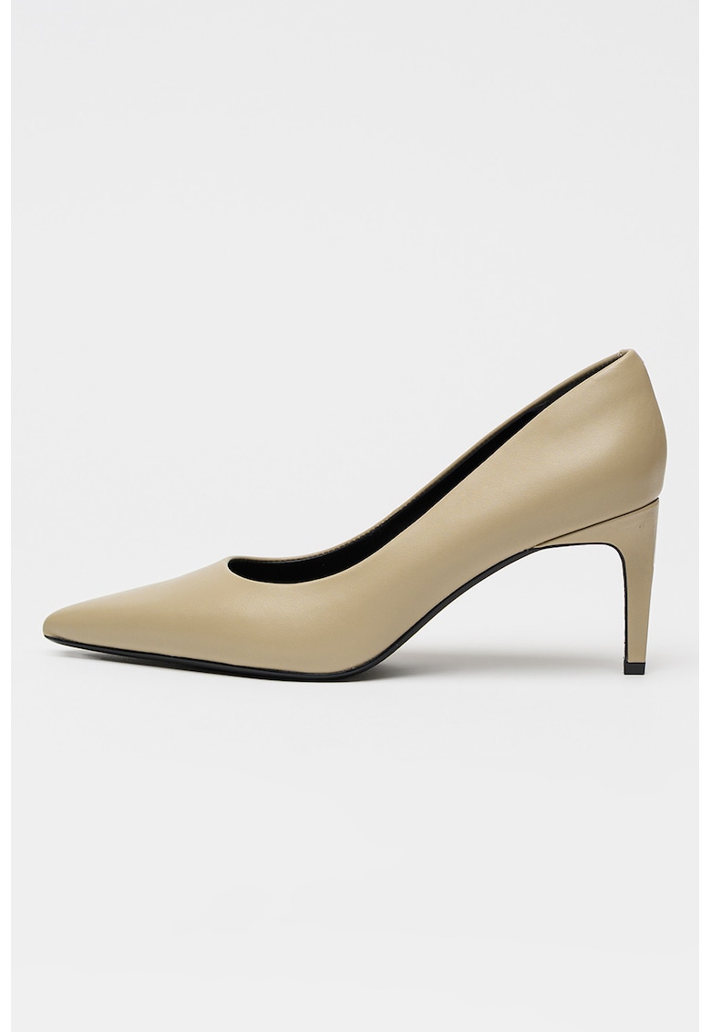 Pantofi din piele cu varf ascutit si toc stiletto - Bej inchis