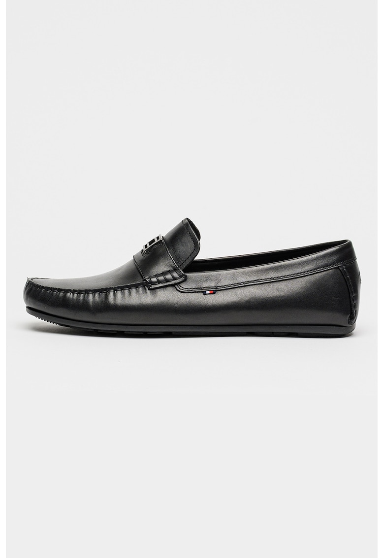 Mocasini de piele cu logo - Negru/Argintiu
