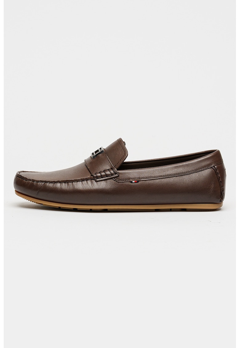 Mocasini de piele cu logo - Maro inchis