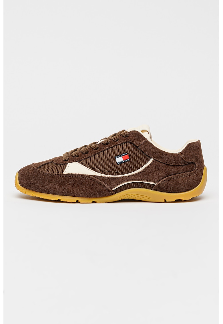 Pantofi sport din piele intoarsa cu garnituri din material textil - Maro cognac