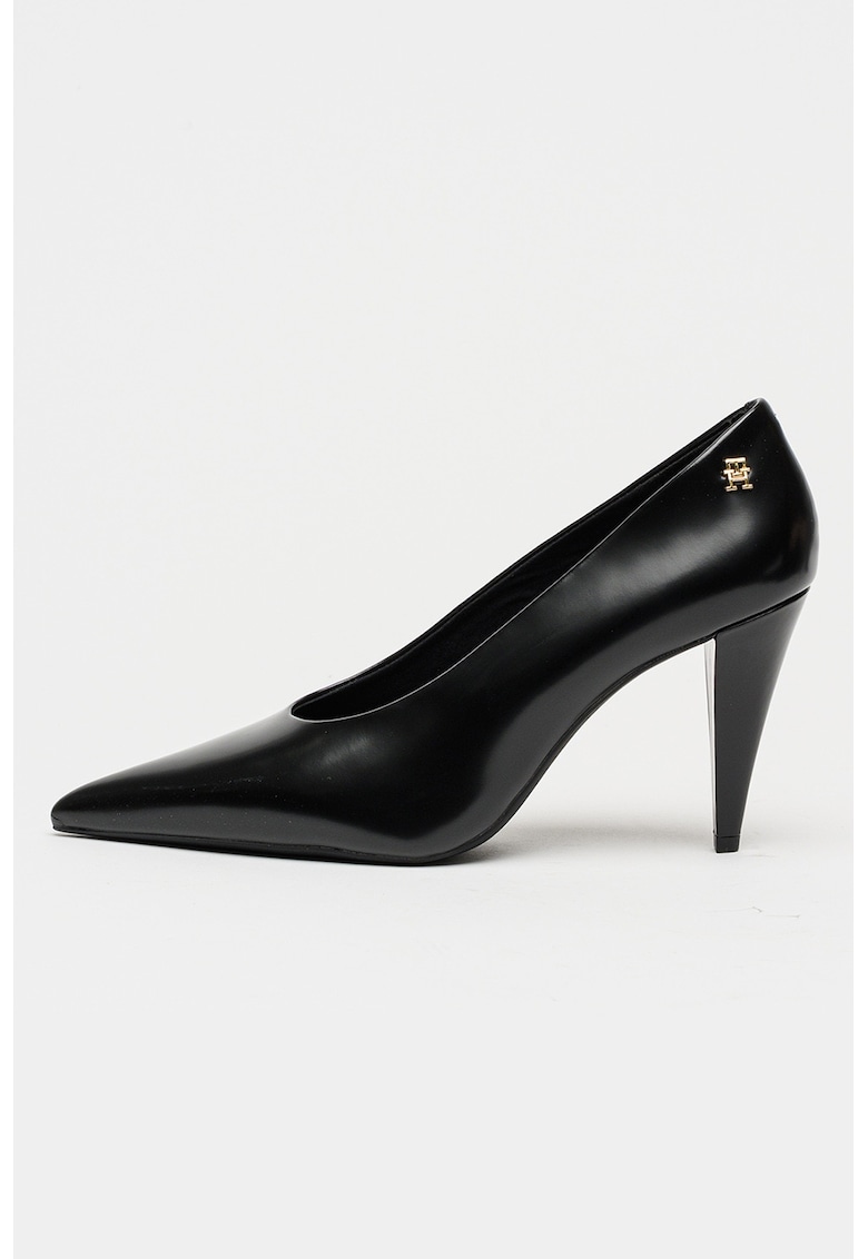 Pantofi de piele lacuita cu varf ascutit si toc inalt - Negru