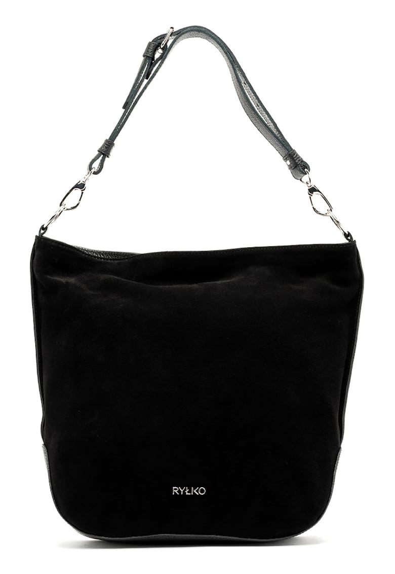 Geanta hobo de piele intoarsa si piele - Negru