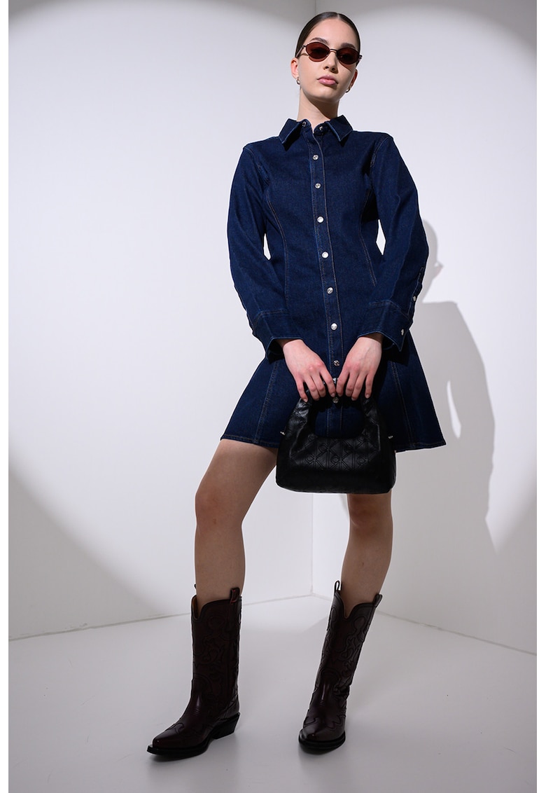 Rochie evazata de denim cu guler ascutit - Albastru paun