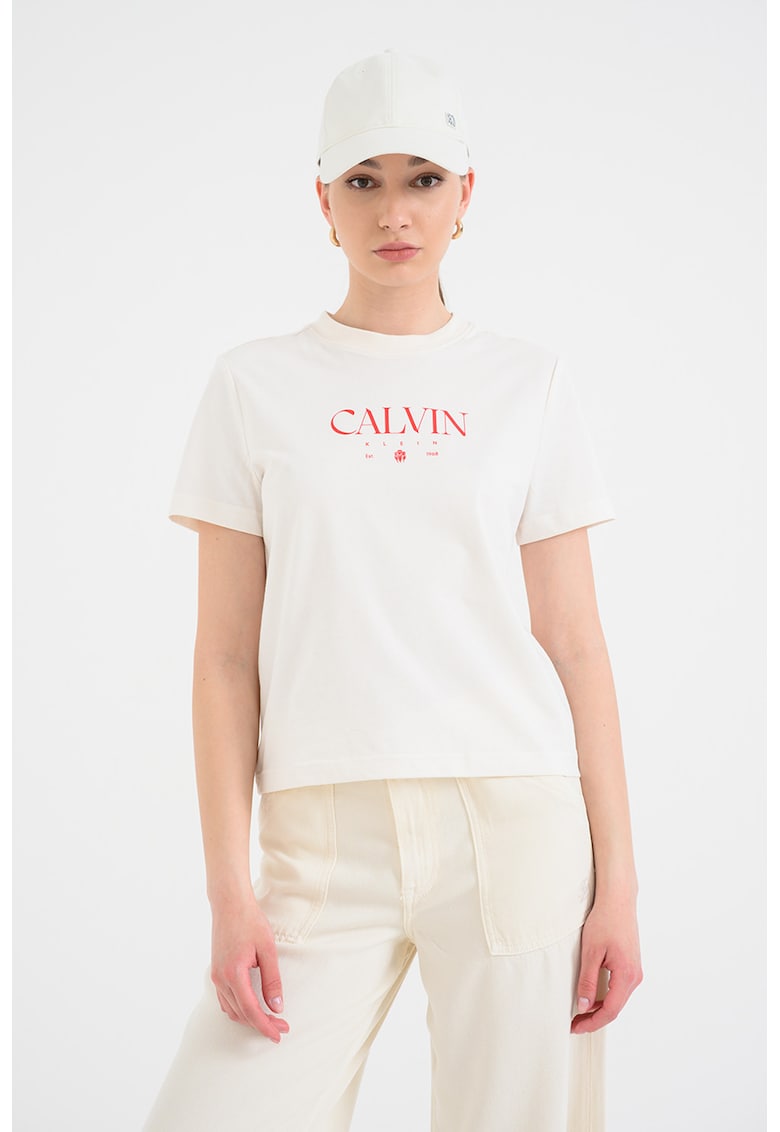 Tricou de bumbac cu imprimeu logo - Bej sampanie