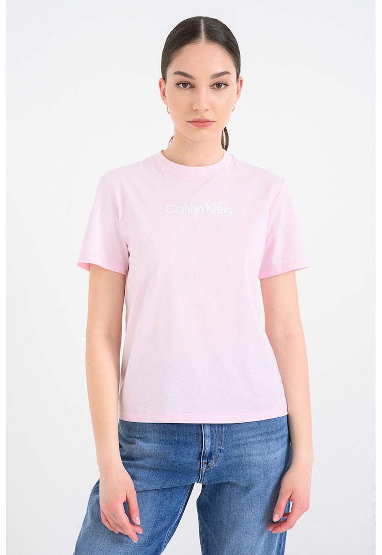Tricou de bumbac cu logo contrastant - Roz bombon