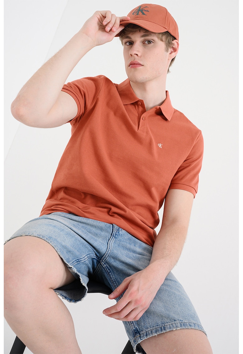 Tricou polo de bumbac pique cu logo brodat discret - Portocaliu