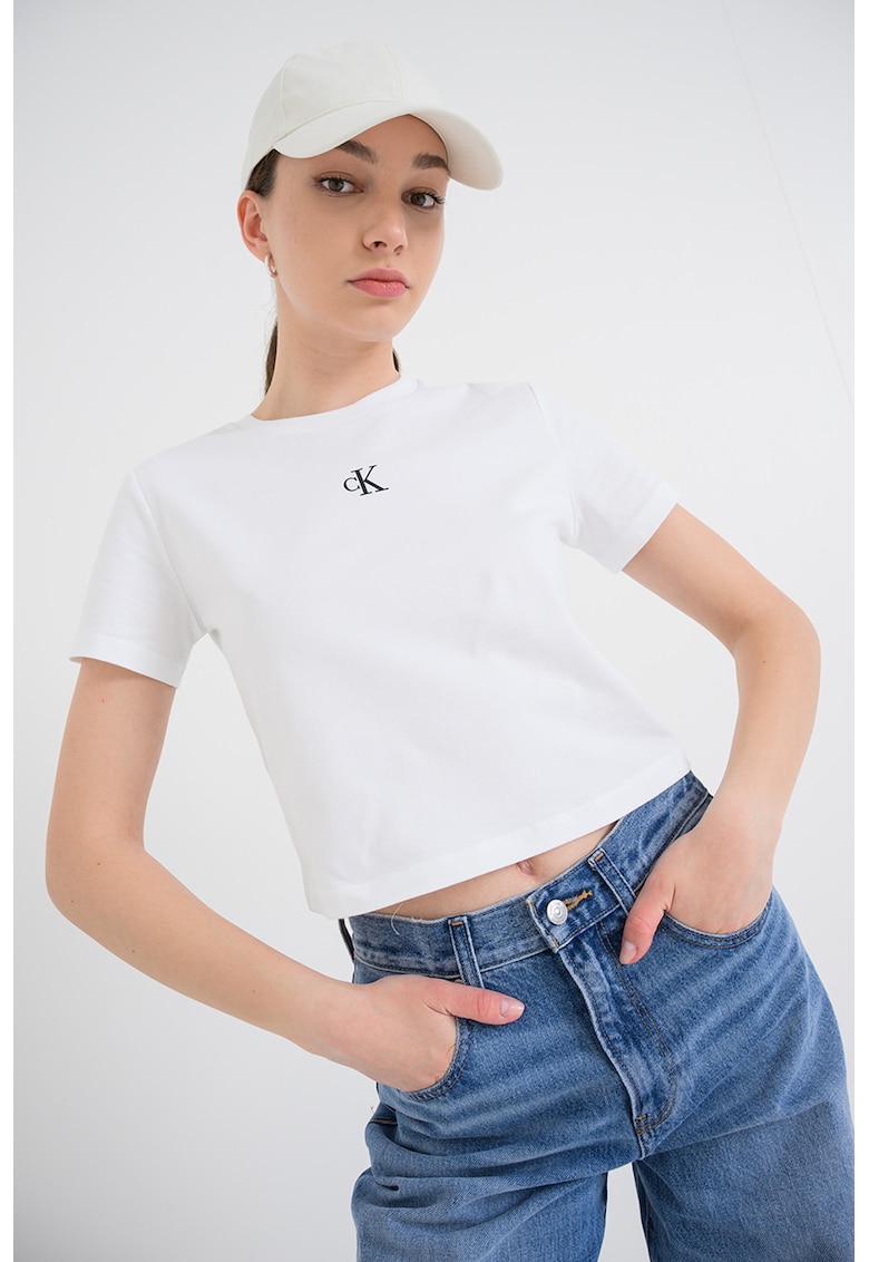Tricou crop cu logo discret - Alb optic
