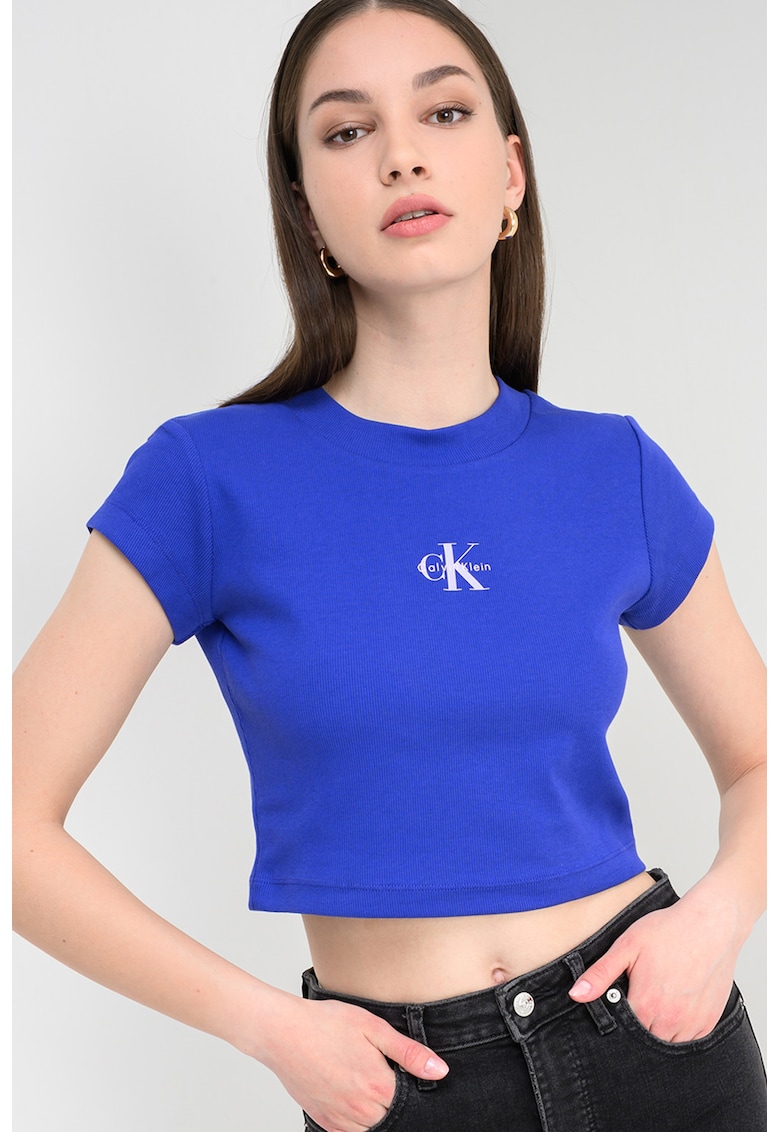 Tricou crop cu aspect striat - Albastru electric