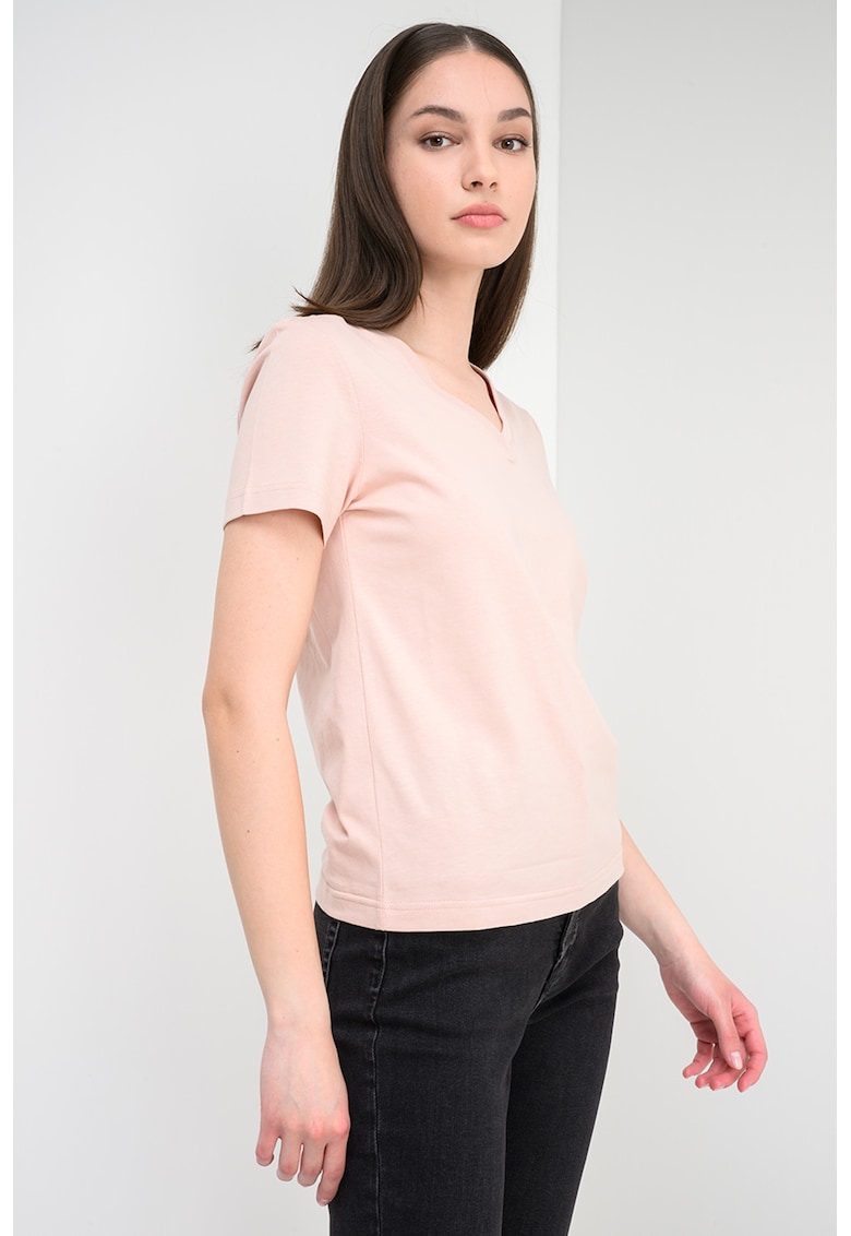 Tricou cu decolteu in V si logo discret - Bej roscat