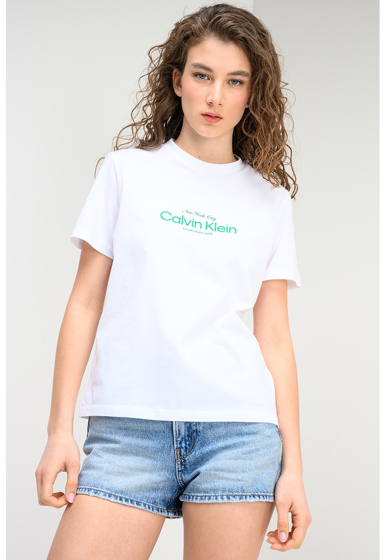 Tricou cu decolteu la baza gatului si imprimeu logo - Verde/Alb optic