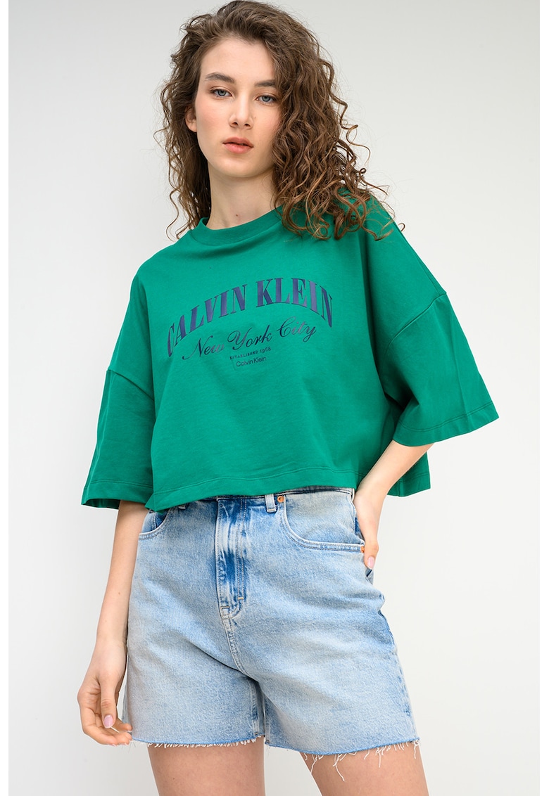 Tricou crop cu imprimeu logo - Verde/Albastru ultramarin