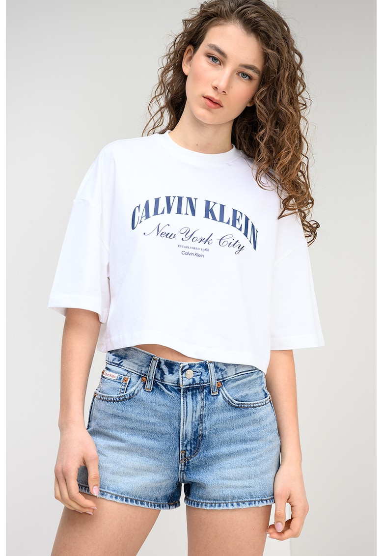 Tricou crop cu imprimeu logo - Albastru ultramarin/Alb optic