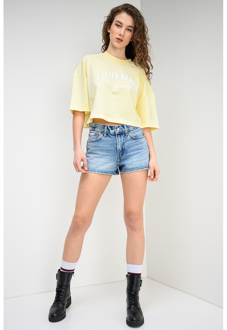 Tricou crop cu imprimeu logo - Alb/Galben deschis