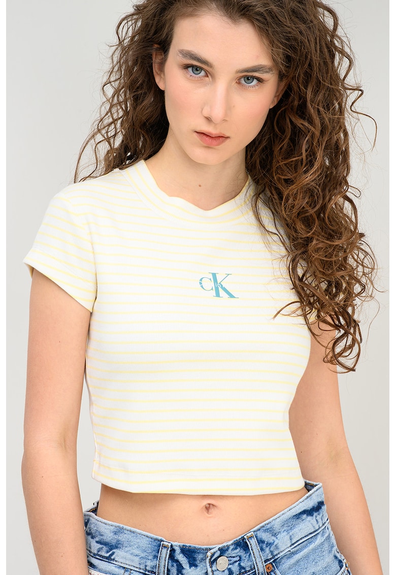 Tricou crop slim fit cu imprimeu - Alb/Galben pastel
