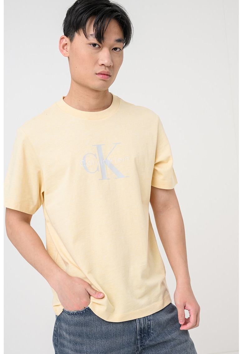 Tricou din bumbac cu imprimeu logo - Galben deschis/Gri cenusiu