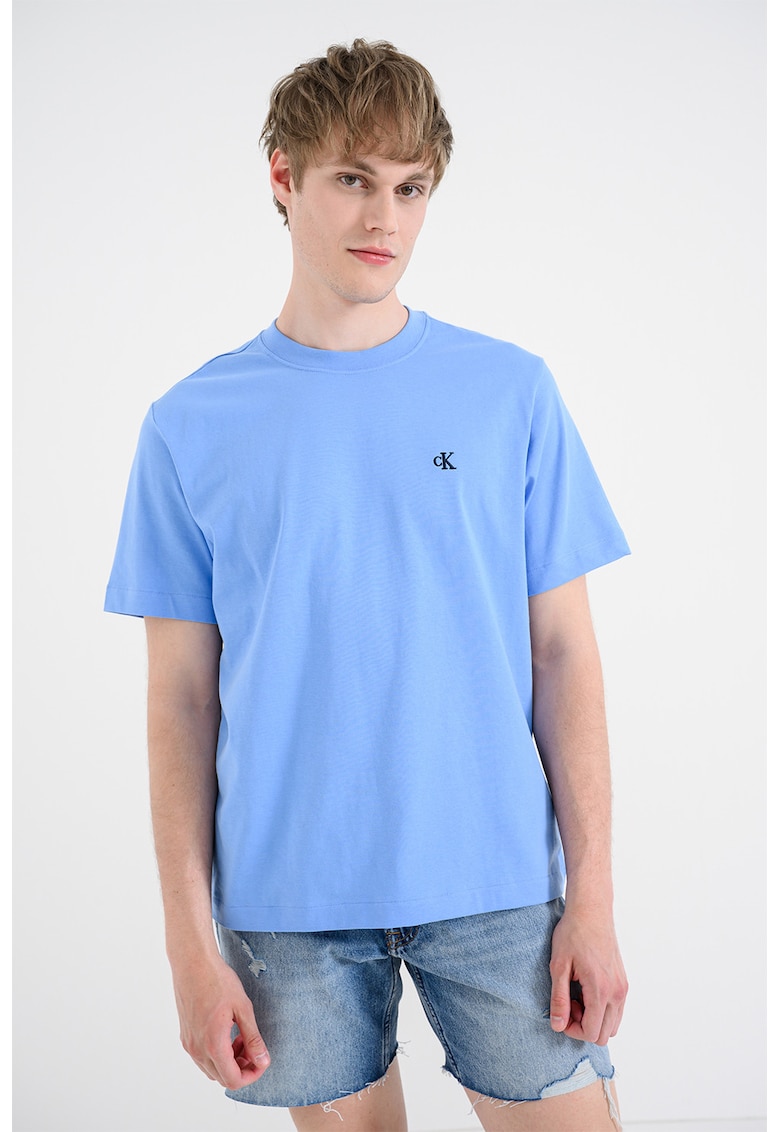Tricou din bumbac cu decolteu la baza gatului - Albastru azur